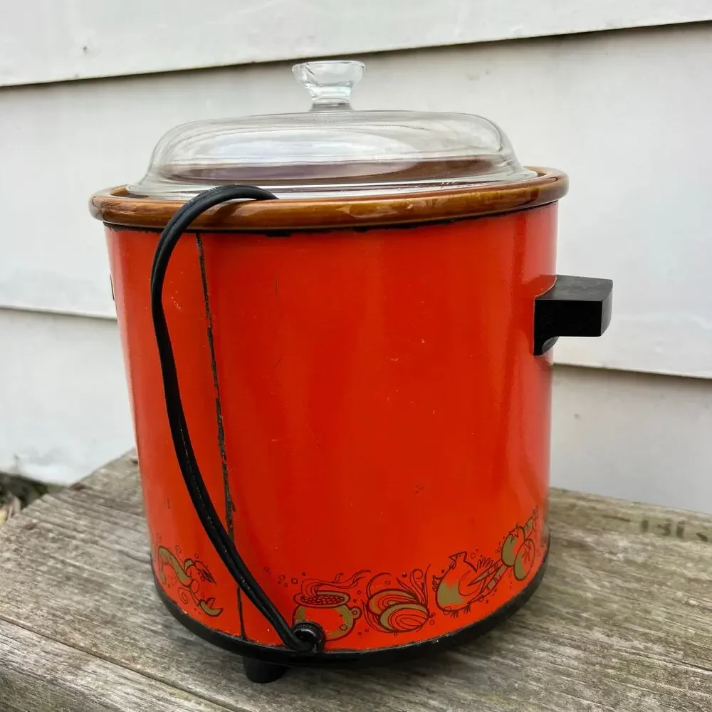 Vintage MCM Rival Crock Pot Slow Cooker Flame Orange Model 3100/2 3.5 Quart